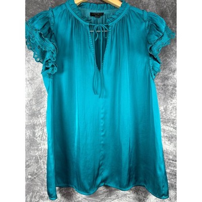 Anthropologie Current Air Blouse Women Small Teal Flutter Sleeve Eyelet Lace Top