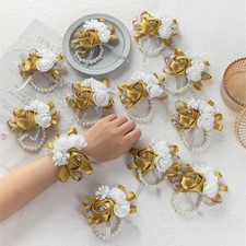 12Pcs/lot Women Bride Bridal Bridesmaid Wrist Corsage Silk Rose Pearls Girls ...
