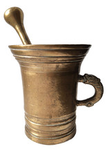 Antico mortaio e pestello in ottone massiccio • farmaceutico / erboristeria •