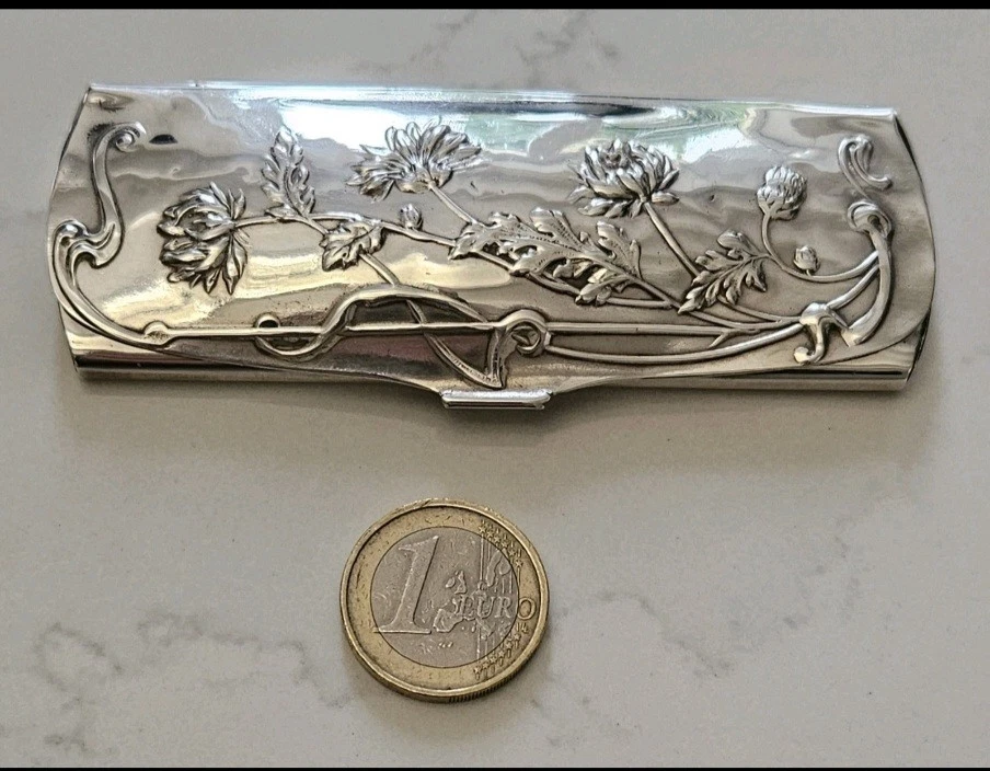 Ancien étui, boite à lunettes, lorgnons Art Nouveau métal argenté 1900. - Photo 2/4