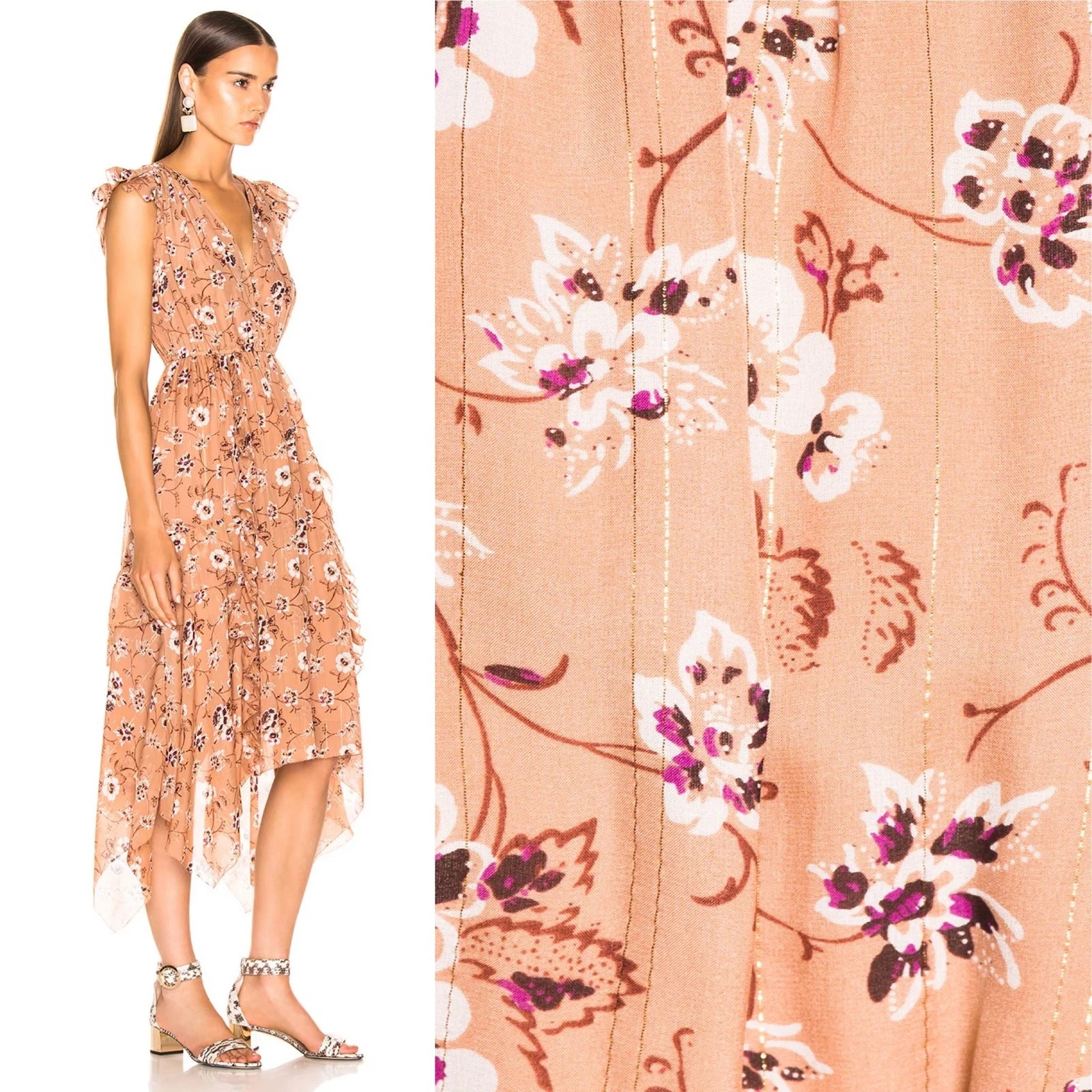 OFF WHITE Abito ULLA JOHNSON Ciel in caffè taglia 2 marrone seta oro metallizzato floreale midi floreale