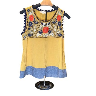 THML Womens Yellow Embroidered Boho Pom Pom Trim Tank Linen Blend Hippie Small