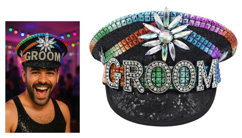 Chapéu noivo capitão militar orgulho gay arco-íris festival casamento solteiro - Imagem 2 de 4