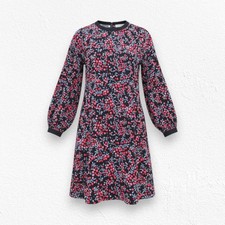 LOFT Black Floral Berry Print Velvet Collar Retro Knee Length Dress Size Small