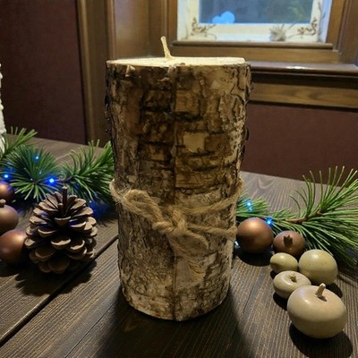Birch Bark Real Wax Pillar Candle Unscented Cabin Nature Decor 