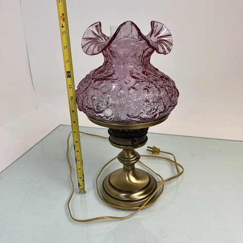 Vintage Fenton Art Glass Student Lamp Poppy Pattern Dusty Rose Color Excellent - Picture 12 of 14