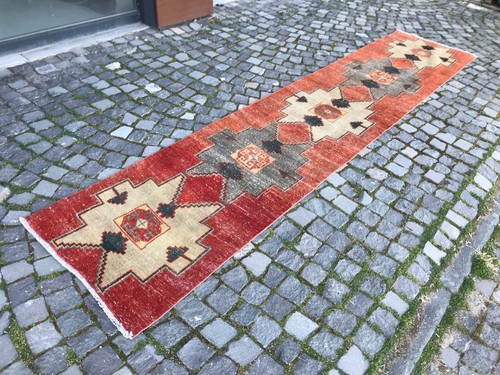 Turkish Vintage Rug Handmade Wool Rug Bohemian Runner Rug Home Rug 2,6 x 12, ft