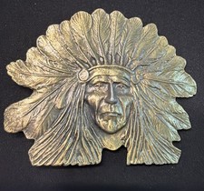 Vintage Brass Native American Indian Chief Head Belt Buckle With Box