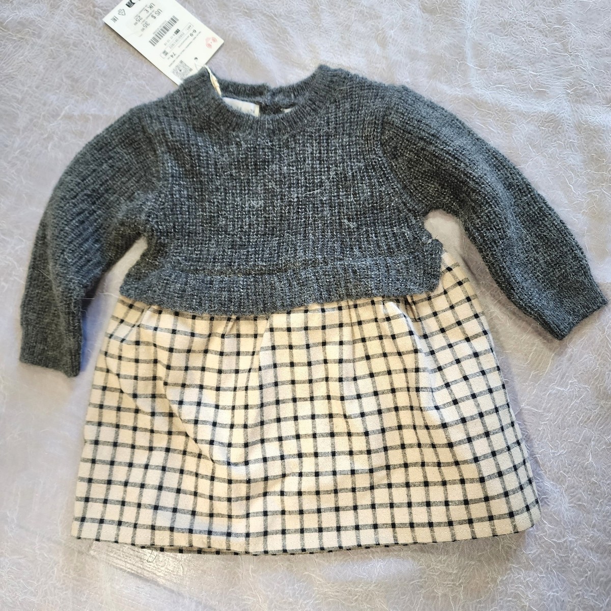Zara Baby Sweater Dress Girl's Gray Tan Wool Blend Soft Plaid Checkered  6-9M New | eBay
