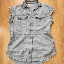 We The Free Vest Womens Small Blue Linen Cotton Zip Utility Tunic Top Vest