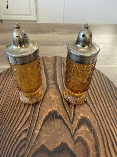 Vintage 1970’s Tiara Indiana Amber Glass Footed Salt & Pepper Shakers