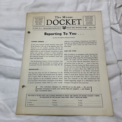 Rare THE MOOSE DOCKET Lodge Newsletter MARCH 1958 Mooseheart IL