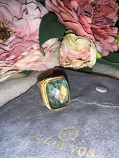 NEW Julie Vos Sz 9 Cuff Ring ADJUSTABLE Real Labradorite & 24k Gold Plated NWOT