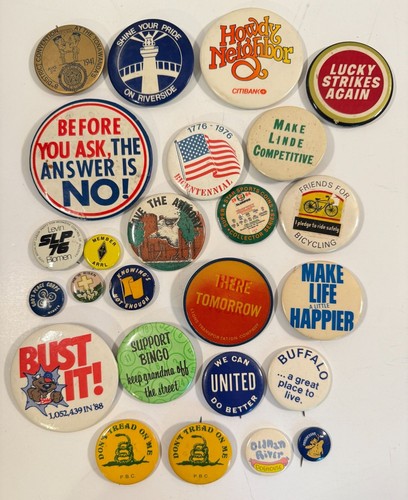 Vintage Pins Political Bingo Tonawanda Levin Labor Party Jesus Peace Corp Lot