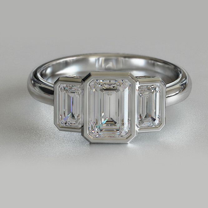 Three Stone Emerald Cut CZ Bezel Set Engagement Ring In 925