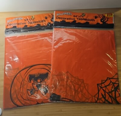 New Vtg Halloween Tablecloth Orange Spiderwebs  Pumpkin 54''-72'' Plastic Set Of 2