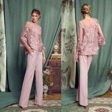 Pink Chiffon Pantsuit Mother of the Bride Dress with Jewel Neck and Long Sleeves