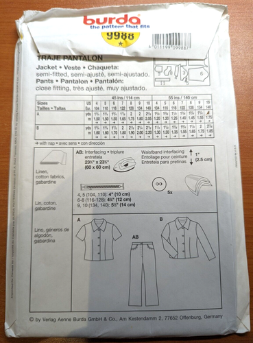 BURDA Kids 9988 Girls Semi Fitted Pantsuit Jacket and Pants Size 4-10 Uncut - Picture 2 of 3