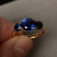 2.50Ct Round Cut Blue Topaz Three Stone Engagement Ring 14K Yellow Gold Finish