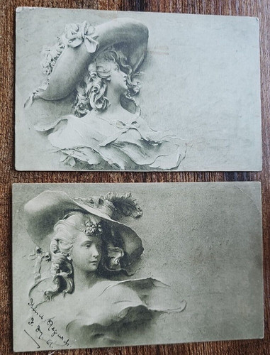 1905 Paar RPPC schöne Flachrelief Skulpturen der Dame in großer Haube