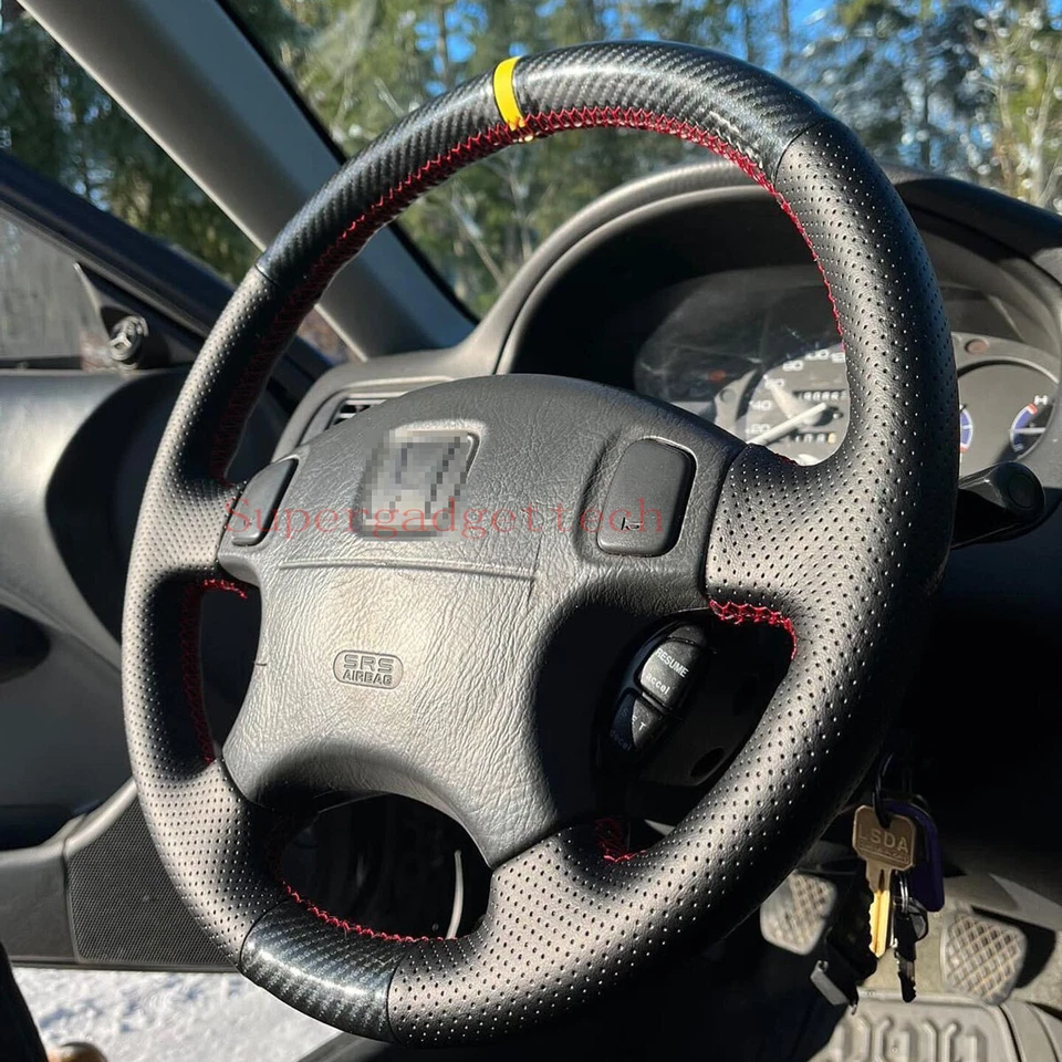 Cubierta envolvente de volante de fibra de carbono y cuero con costura manual para Honda CR-V Foto 4 de 4