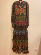 Farm Rio S SMALL Rauti Tiered Beaded Maxi Dress Long Sleeve