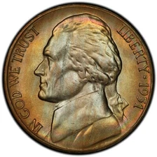 MS64 1951-S 5C Jefferson Nickel, PCGS Secure- Pretty Rainbow Toned