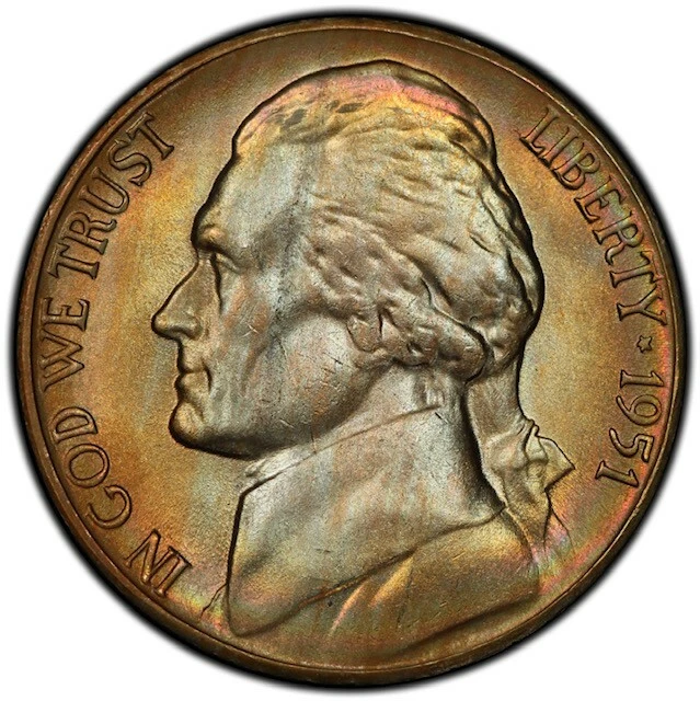 MS64 1951-S 5C Jefferson Nickel, PCGS Secure- Pretty Rainbow Toned - Image 2 of 4