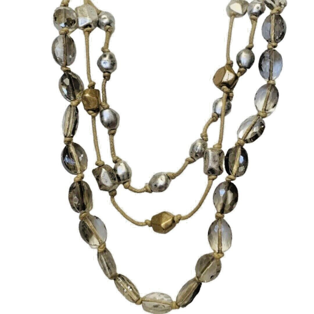 Glass Beaded Layered Necklace 22” Silver Nugget Boho Chic