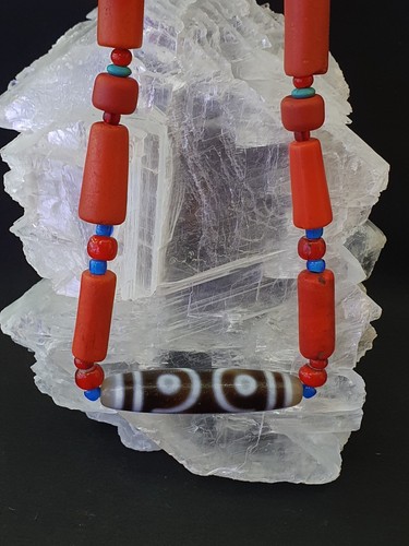 Himalayan Indo Tibetan 7 Eyes Dzi with Antique venetian Glass Amulet Necklace - Picture 6 of 23