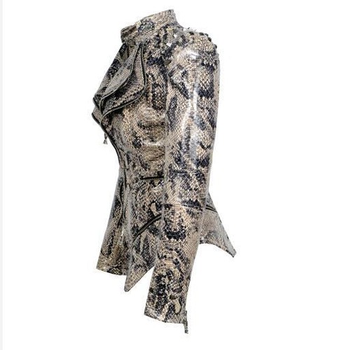 Women's Leather Slim Fit Motorcycle Jacket Zipper Coat Punk Studded Long Sleeves - Picture 6 of 18