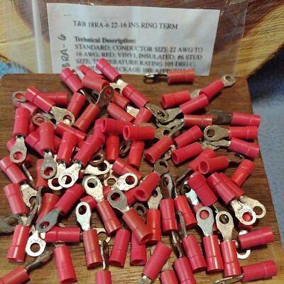 (100)  18RA-6 Sta-kon Ring Insul Vinyl Terminal Connector 22-16 AWG #6Bolt T&B 