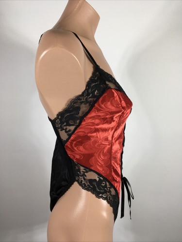 Vintage rot schwarz Wetlook Satin Teddi hoch geschnitten Teddy Strampler Body Dessous 90er S - Bild 5 von 8