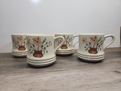 Countryside Stoneware Collection Mugs Flowers Basket Japan Set of 4 80s Cottage