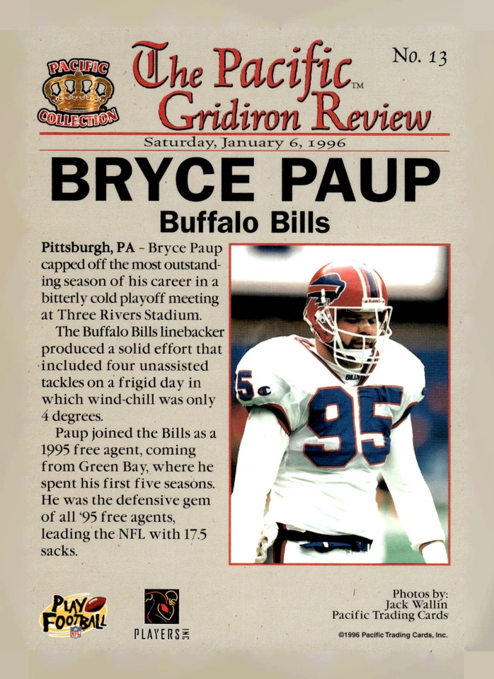 1996 Pacific Gridiron #13 Bryce Paup Red - Image 2 of 2