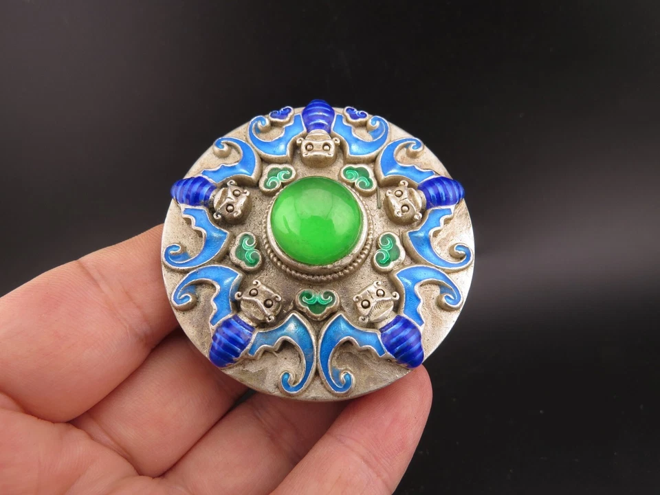 Chino, jade, coleccionables, plata vieja, incrustación de jadeíta, murciélago, hebilla de cinturón D369 Foto 2 de 4