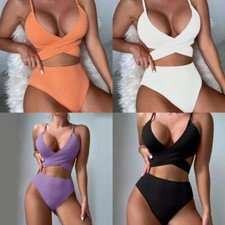 Bikini swimsuit striped solid color lace up split swimsuit women's bikini
