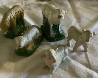 Five Vintage Chalkware Sheep Nativity Figurines 1” to 2.5” tall