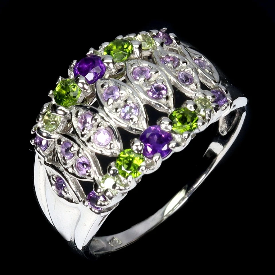 925 Sterlingsilber Ring Rund Amethyst Chrom Diopsid Edelstein Schmuck Größe 9 - Bild 2 von 4