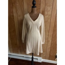 Cupshe Beige Cable Knit V-Neck Long Sleeve Fit & Flare Mini Sweater Dress Small