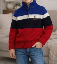 Polo Ralph Lauren Boys Colorblock Sweater Red Blue Black 1/4 Zip Knit Sz 2T