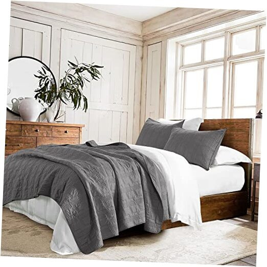 100% Cotton Pre-Washed Queen Quilt Set - Dark Grey 3-Piece Bedspread