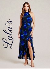 Lulus Black & Blue Rose Floral Halter High-Low Midi Dress Ruffle Slit Size M