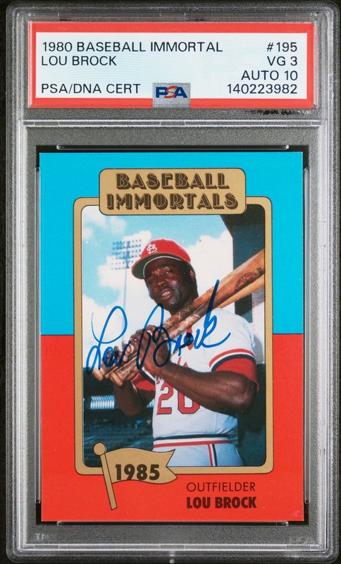 1980 BASEBALL IMMORTALS #195 LOU BROCK PSA 3 DNA AUTO 10
