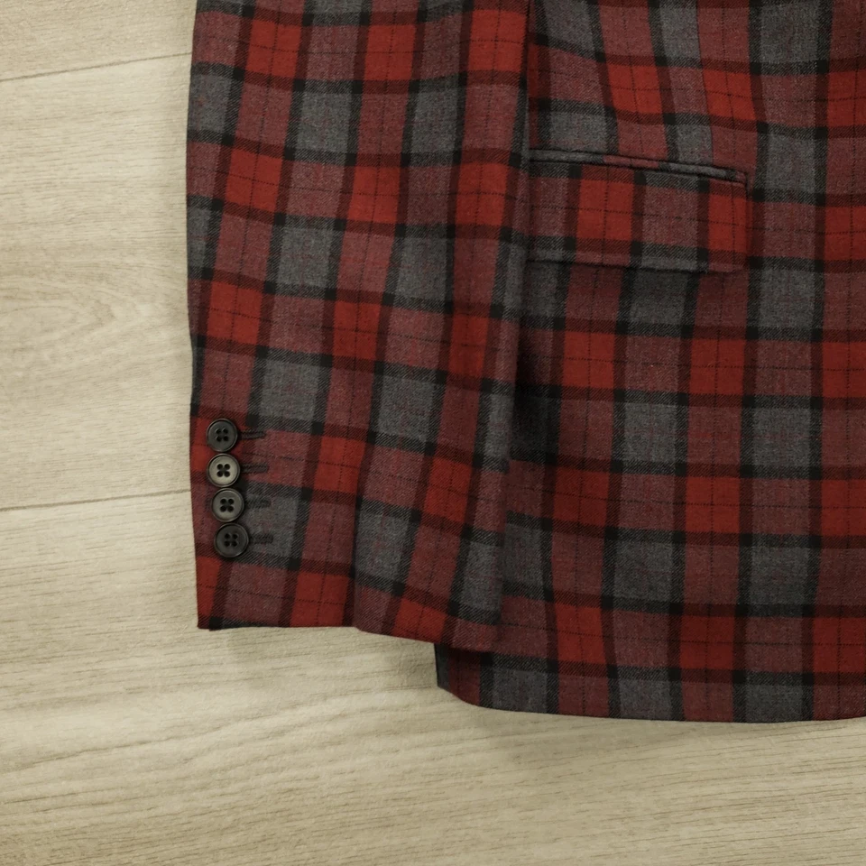 Bar III Sport Coat Mens 42S Slim Fit Red Gray Plaid Wool Poly 2 Button Dual Vent - Image 4 of 4