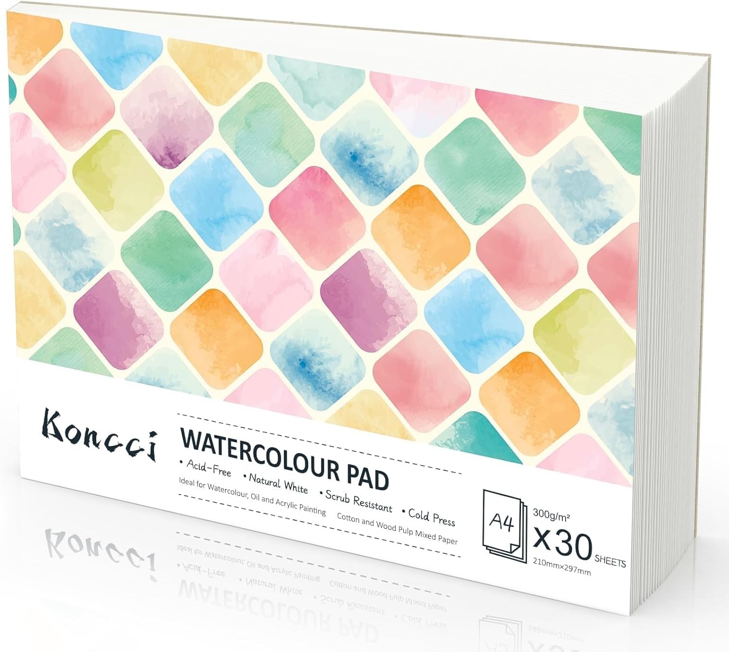 KONCCI Watercolour Paper Pad A4, 30 Sheets Watercolour Sketchbook 300GSM, Cotto