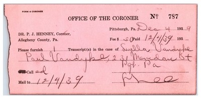 Vintage Original 1939 Pittsburgh Office of The Coroner Paper (12/4/1939)