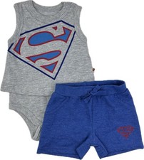 DC Comics Baby 2 Pc Grey Blue Cotton Superman Tank Top Bodysuit Shorts Set 6-9 M