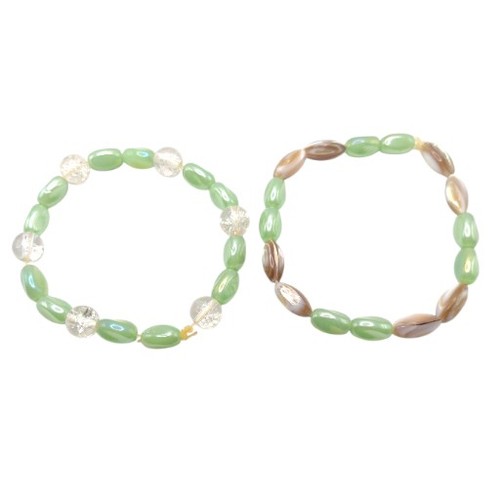 Lotto 2 Bracciali Elasticizzati Perline Vetro Verde Giada Marrone Agata Boho Donna Regalo - Foto 4 di 8