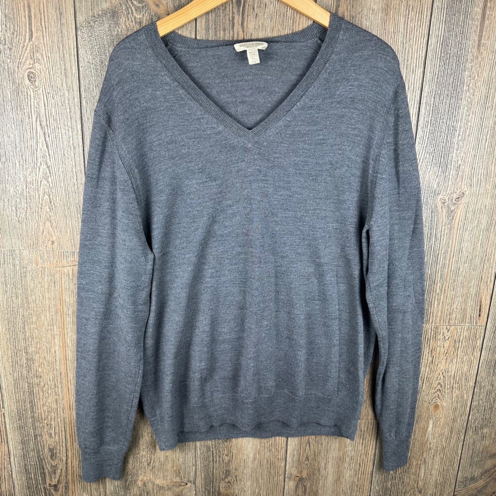 Burberry Brit V-Neck Sweater Men XL Grey 100% Extra Fine Merino Wool Elbow Patch